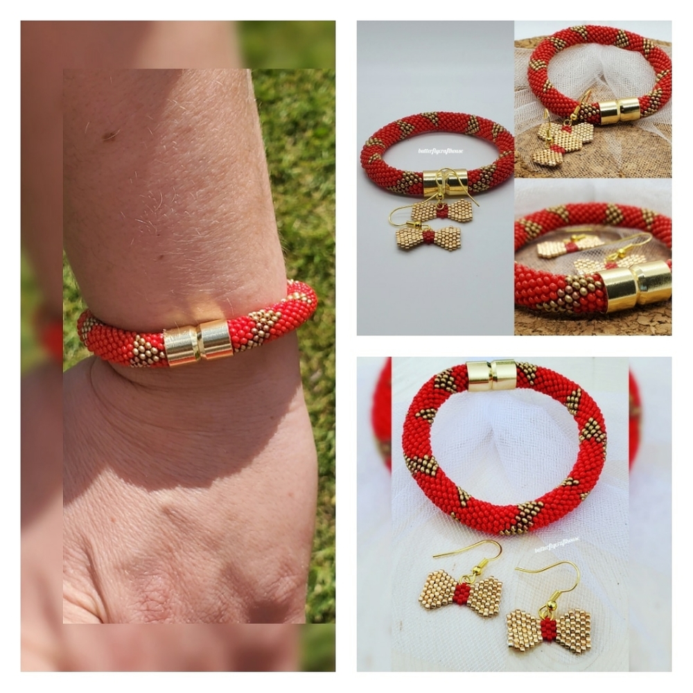 Beaded Bracelet,Crocheted Bracelet,Bow Earrings